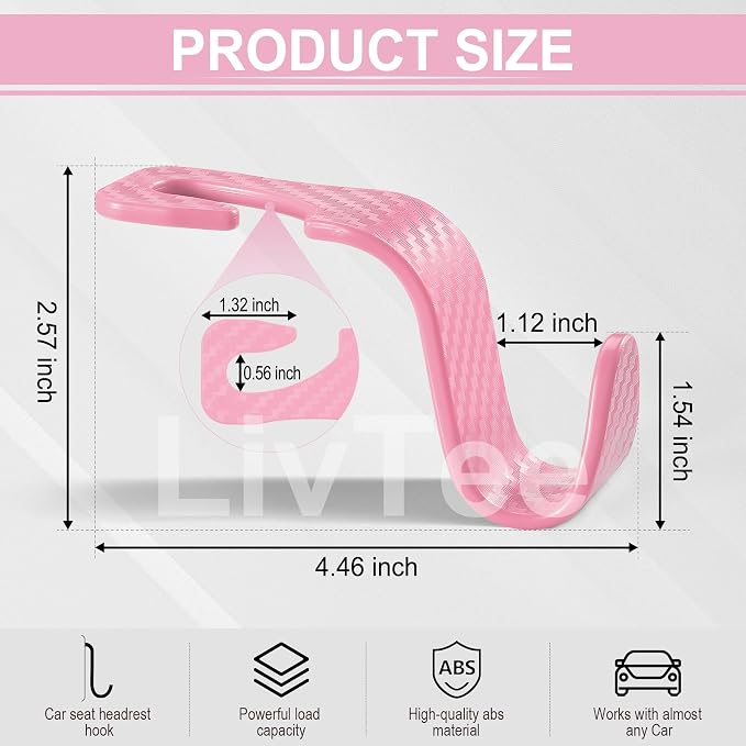 Car Purse Hook, Headrest Hook for Car, 4 Pack Universal Auto Car Seat Headrest Hook Hangers Organizer for Purse Coat Umbrellas Grocery Bags Handbag, Car Accessories - Carbon Fiber Pink