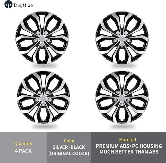 4-Pack Universal Hubcaps Wheel Covers Replacement R15, Steel Wheel Rim Cover for Most Cars Trucks Sedans SUV, 15" 15 in Hub Caps (Silver+Black Color, 15 inch)