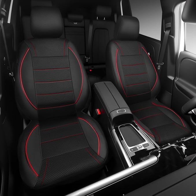 Air Mesh Leather Car Seat Covers Front Seats, Breathable Two Front Seat Covers for Cars, Comfortable Universal Fit for SUV Truck Sedan Automotive, Anti-Slip Airbag Compatible,Black and Red