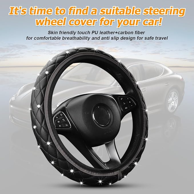 Bling Car Steering Wheel Cover, Non-Slip Elastic Stretch Leather Auto Steering Wheel Protector, Sparkling Diamond Vehicle Decor Accessories for Women Girls, Universal for Vehicles (Gray)