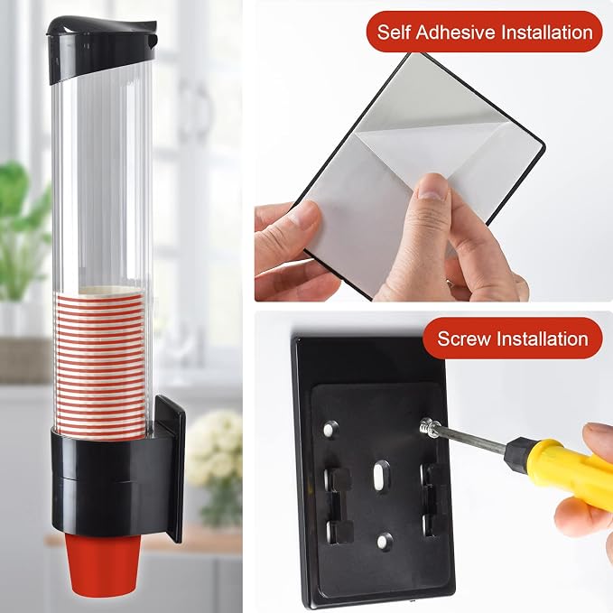 Cup Dispenser, Wall Mount Water Cooler Cup Holder Fits 5oz - 7oz Disposable Paper Plastic Cups for Home Office Hospital Cups Organizer, Adhesive Paste or Screw Install (Black, Medium)