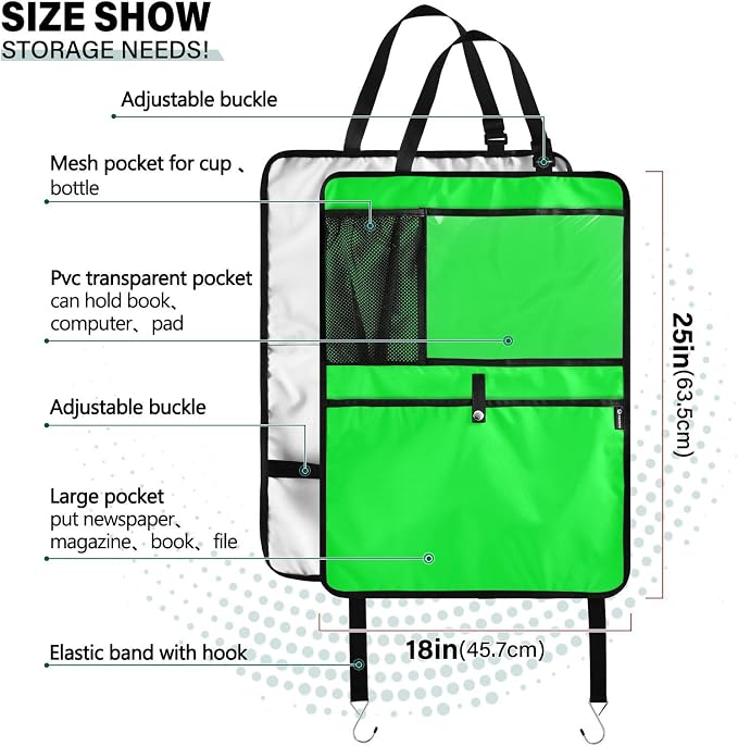 Neon Green Car Seat Organizer for Kids Backseat Kick Mat with Adjustable Strap Seat Back Covers for SUV Vehicle Cars 2 Pcs