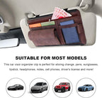 Car Sun Visor Organizer, Leather Sun Visor Pocket Organizer Case with Multi-Pocket Net Zipper, Suede Note Holder Car Visor Storage Pouch for Card Pen Sunglasses Document (Brown)