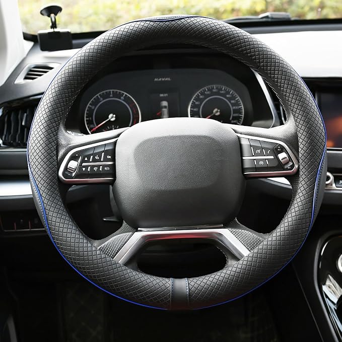 Microfiber Leather Steering Wheel Cover Anti-Slip Matte Finish Auto Car Wheel Cover Universal 15 Inch Wheel Cover for Car Embossing Pattern Blue Line