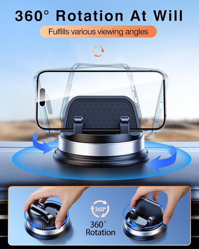 Dash Cell Phone Car Mount, Multifunctional Car Dashboard Mobile Phone Holder, 360 Rotatable Non Slip Mat Universal Car Phone Stand Hands Free, Compatible with iPhone, Samsung, Google, Android