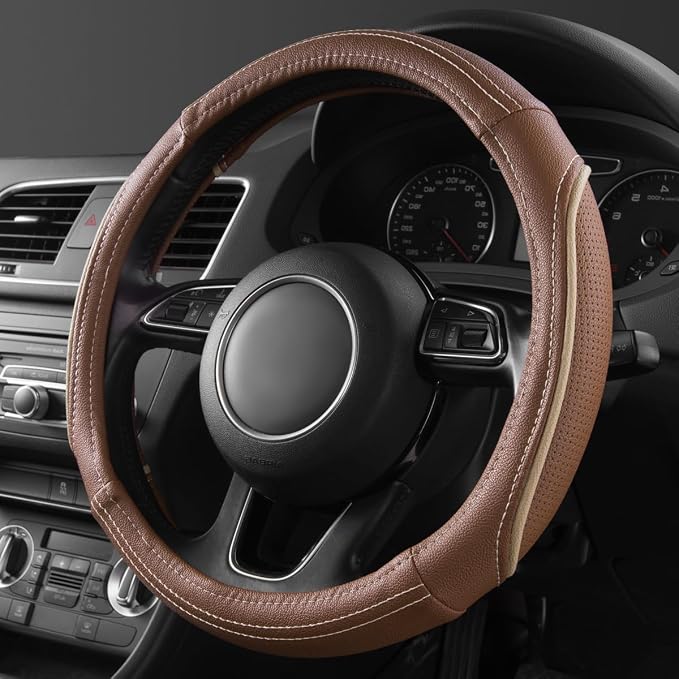 Brown Delux Leather Steering Wheel Cover, Universal Fit for Suvs,Sedans,Vans,Small Trucks for 14.5" to 15"(Brown & Beige Piping)