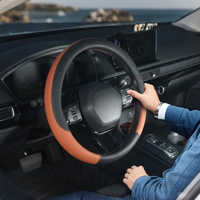 Car Steering Wheel Cover, Leather, Universal 15 Inch Fit, Anti-Slip & Odor-Free,Brown