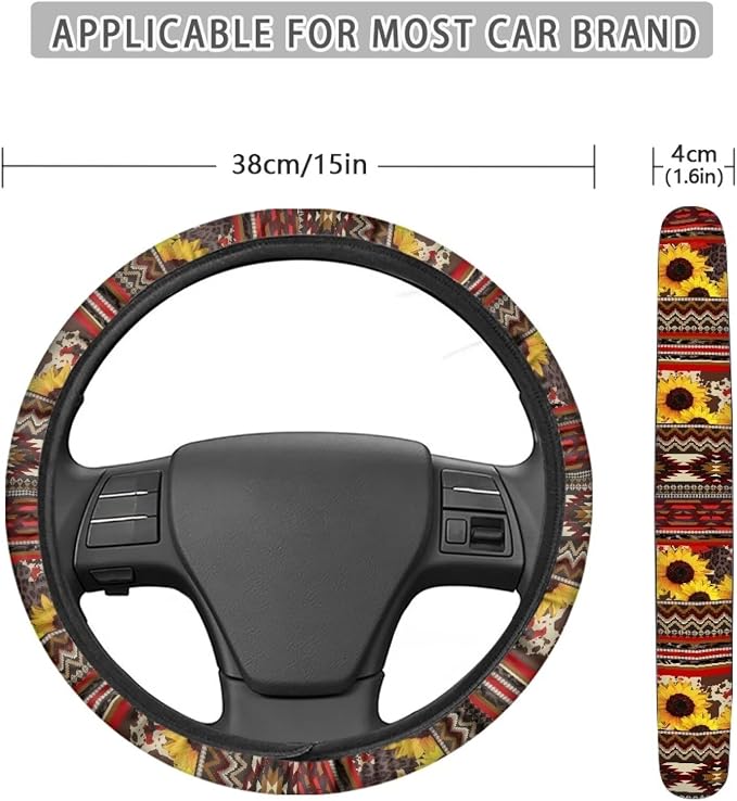 Sweat Absorption Steering Wheel Cover with Anti-Slip Lining for Car Truck SUV Van Car Wheel Cover Polyester Cover Car Decoration, American Tribal Geometric Sunflower Pattern