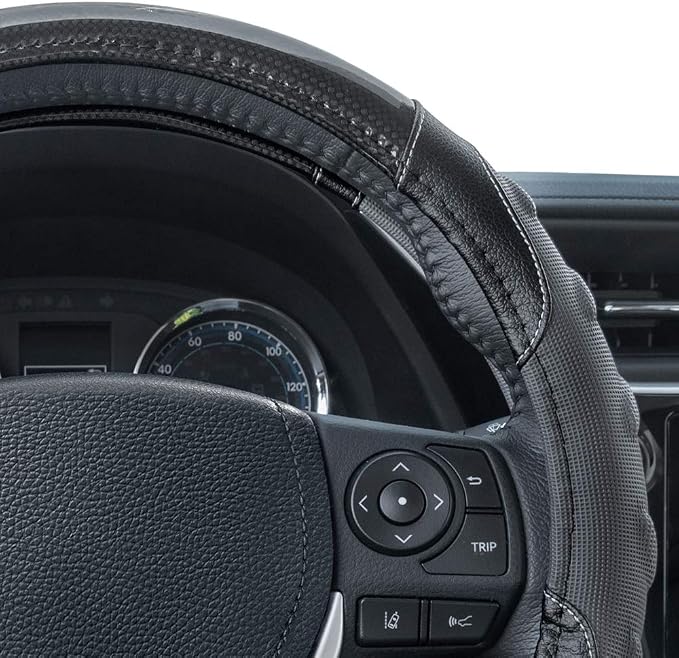 GripPlus Black Carbon Fiber Steering Wheel Cover, Standard 15 inch Size, Advanced Traction Grip, Car Steering Wheel Cover for Truck Van SUV Auto