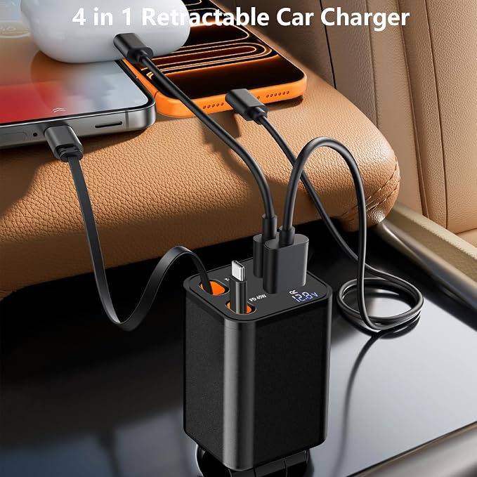 [Apple MFi Certified] Retractable Car Charger USB C, Caiinei 120W USB C Car Charger 4 in 1 PD/QC Type C Fast Charging Cigarette Lighter Adapter for iPhone 17/17 Pro Max/16 Pro/15/Galaxy S26/S25/Pixel