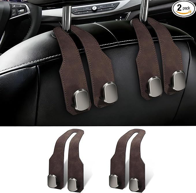 2 Pack Car Seat Headrest Hooks for Purses and Bags, Car Purse Holder With Double Metal Hooks, Headrest Back Seat Handbags Hook, Universal Car Purse Hanger, Cute Car Hanging Accessories, Brown