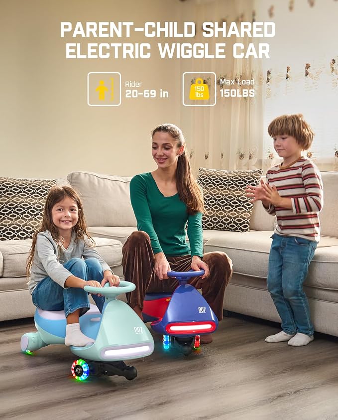 N7 Pro Electric Wiggle Car, Rechargeable Battery, CyberWiggle, 2 in 1 Swing Car, 2 Speeds Max 4 Mph, Anti-Rollover, Flashing Wheels, Bluetooth, Ages 3+, 150 Lbs, Glacier Blue