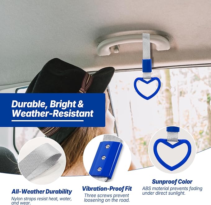 2 Pcs Heart Shaped Car Handle Strap – JD M Drift Charm Rear Bumper Warning Ring Decor for Car Interior Exterior, Subway Bus Handle Accessory, Cute Heart Car Decor Gift for Drivers (Blue-Silver)