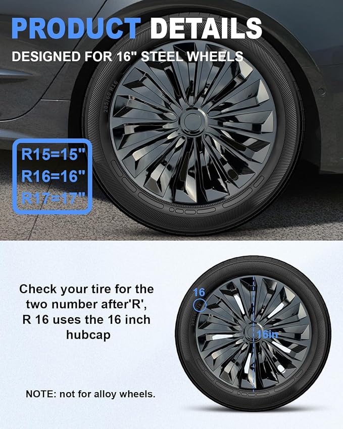 Hubcaps,16 inch hubcaps Set of 4, Wheel Rim Cover ABS Material, Snap On Car Truck SUV Replacement, for Toyota Camry Nissan Mazda etc, Black