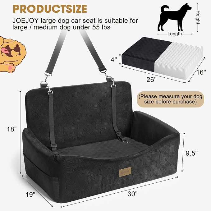 Dog Car Seat for Large Medium Sized Dogs Under 55 lbs, Dog Booster Seat for 2 Small Dogs with Detachable Washable Cover, Memory Foam Pet Car Seat with 2 Safety Belts and Storage Pockets