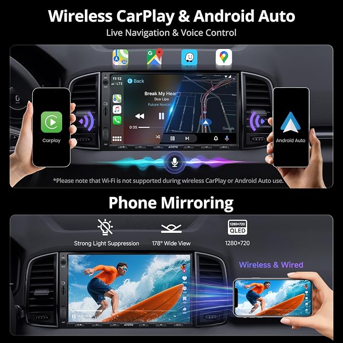 A5L 7inch Android Double DIN Car Stereo, Wireless CarPlay&Android Auto, Wi-Fi/USB/BT Tethering, QLED Touch Screen Car CarPlay, DSP, MirrorLink, FM&SS Radio, HD LRV, HDMI Out, AI&GPS Tracking