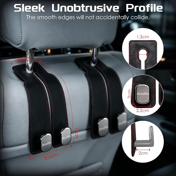 Car Headrest Hook, Car Seat Headrest Hooks and Purse Hook for Car, Leather Seat Back Organizer with Phone Holder, Universal Hidden Storage for SUV/Truck (Black-4Pack)