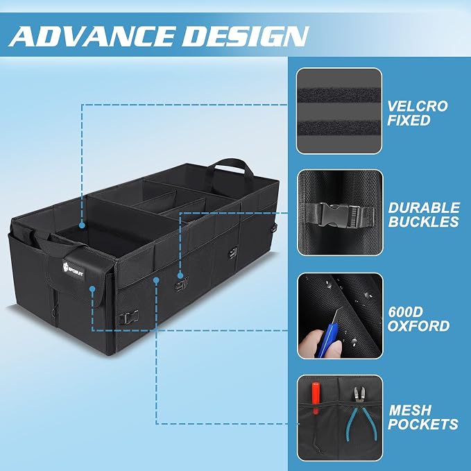 Trunk Organizer with Insulated Leakproof Cooler Bag, 98L Collapsible Car Storage Large Trunk Organizer for Car SUV Van with Removable Dividers & Adjustable Securing Straps