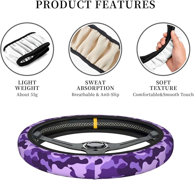 Purple Camo Steering Wheel Cover For Women Men Girls Car Accessories Decor Anti-Slip Neoprene Auto Steering Wheel Covers Protector Universal 15 Inch
