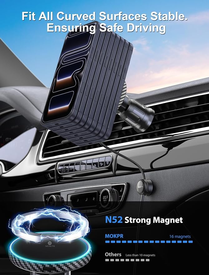 for iPhone Magsafe Car Mount Charger, Wireless Car Charger Magnetic Car Phone Holder for Dash Air Vent-LED HandsFree Car Mount Fast Car Charger for iPhone 17/16/15/14/13/12 Carbon Firber