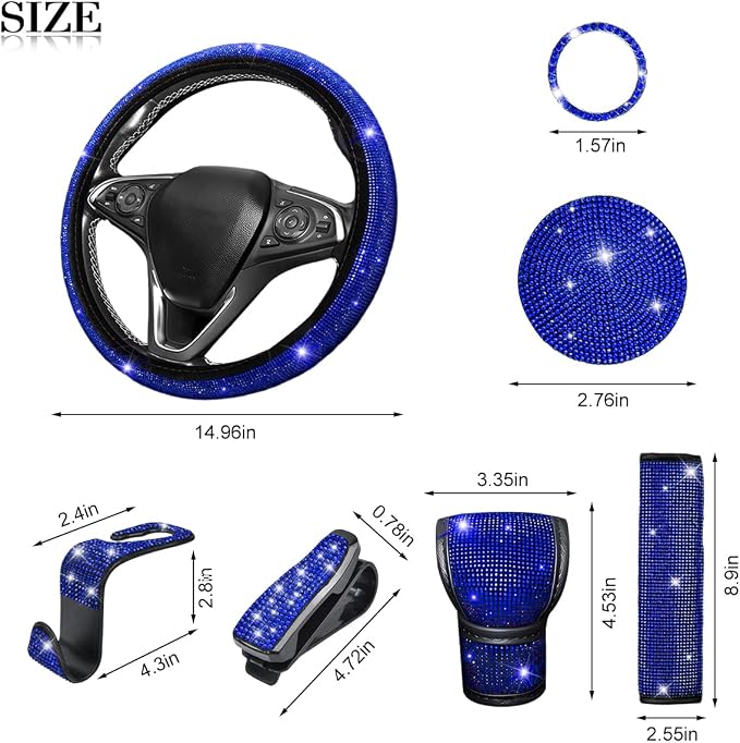 11PCS/Set Bling Car Accessories Set for Women, Rhinestone Vehicle Steering Wheel Cover Seat Belt Cushion Gear Shift Protector Cup Holder Coaster, Universal Automotive Accessories (Blue)
