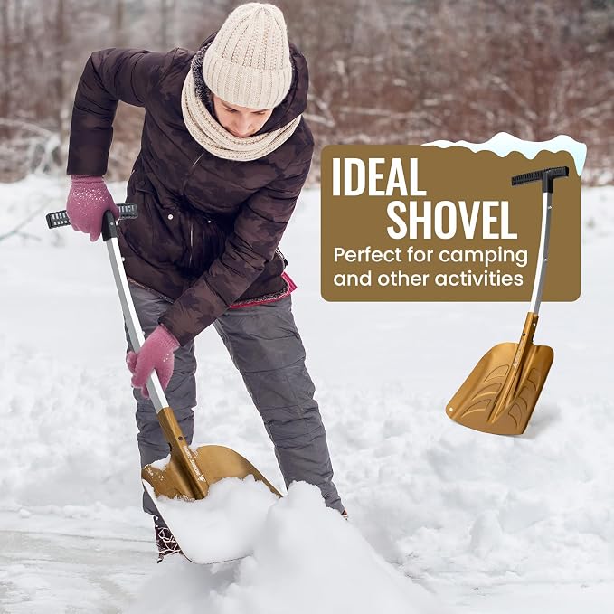 Snow Shovel, Collapsible Aluminum Alloy with Ice Scraper Brush - Portable Folding Shovel for Camping, Car Emergency, Winter Outdoor - 25.98" Lightweight Durable Design (Coyote Brown)