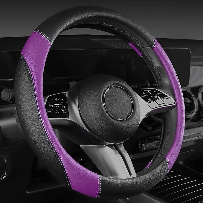 Faux Leather Steering Wheel Cover and Waterproof Car Floor Mats,Universal Car Combo Fit for 95% Sedan,SUV,Cars,14.5-15inch Sporty Anti-Slip Safety Comfortable Design(Black＆Purple)