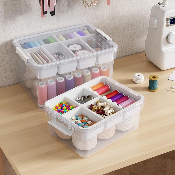 160Qt Large Stackable Storage Bins with Lids & Trays, Clear Plastic Latching Boxes Organizers with Dividers Portable 40Gal Containers for Arts & Crafts, Home and Car Trunk Organization, 4Pack