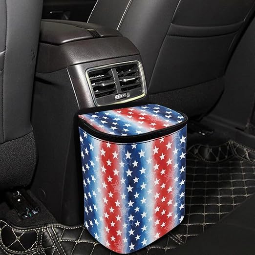American Flag Star Print Car Trash Can with Lid, 4th of July Leak Proof Auto Trash Bag Hanging Vehicle Garbage Can Multipurpose Storage Container for Back Seat Road Trip