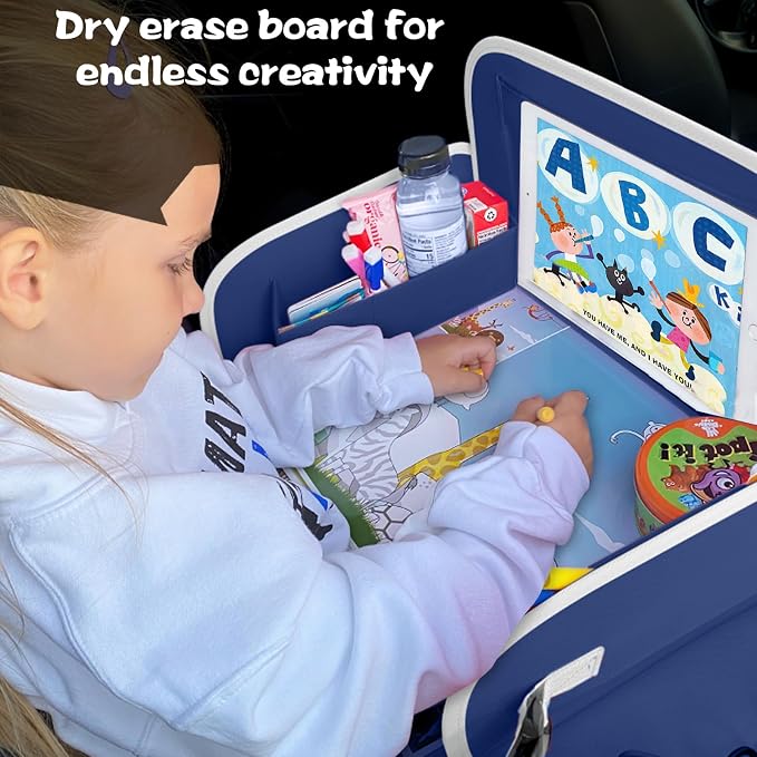 Kids Travel Tray for Toddler Car Seat, Road Trip Essential Lap Tray | Toddler Gift for Boy Activities with Dry Erase Board, iPad Holder Stand, Cooler Cup Holder & Adjustable Strap, Dark Blue
