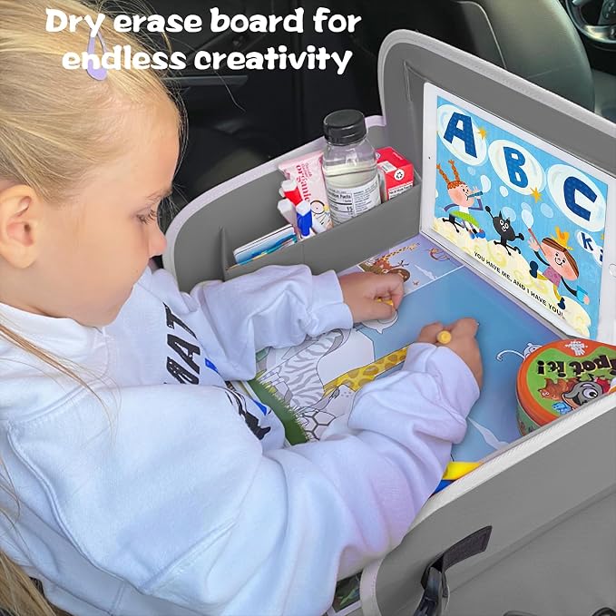 Kids Travel Tray for Toddler Car Seat, Toddler Gift for Boy | Road Trip Essentials Accessories Lap Tray with Dry Erase Board, iPad Holder Stand & Cooler Cup Holder as Birthday Gift, Grey