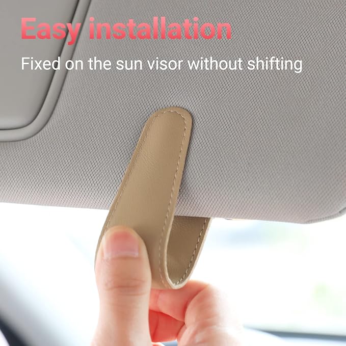 Sunglass Holder for Car Visor Sunglasses Clip Magnetic Leather Glasses Eyeglass Holder Truck Car Interior Accessories Universal for Woman Man -Beige