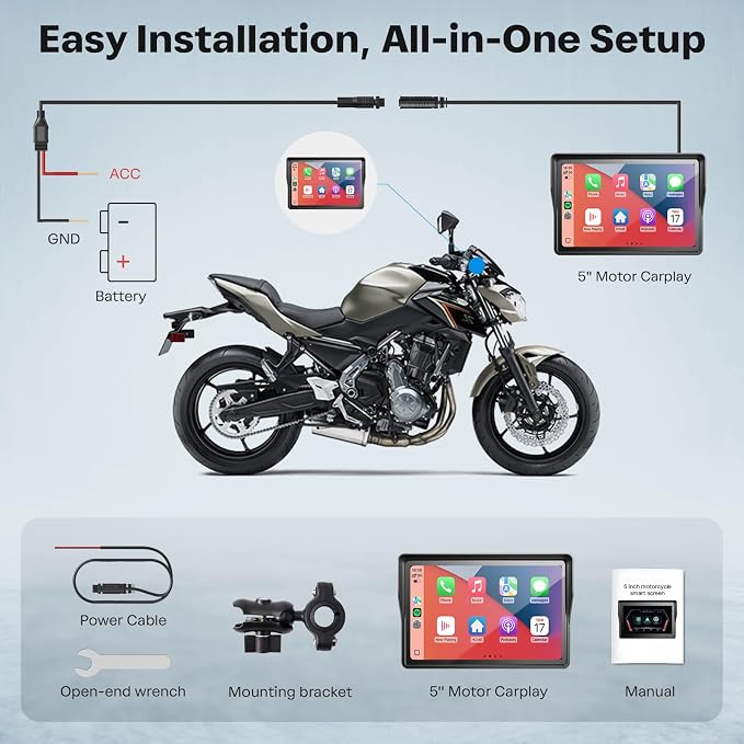 5 Inch Motorcycle Carplay GPS Navigation System with Apple Carplay and Android Auto Portable Screen with Dual Bluetooth, Navigation, Siri, Google Assistant（Not Inchluded TPMS）