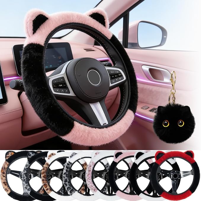 Fluffy Car Steering Wheel Cover with Cute Ears Fit 14"-15" Black and Pink | Steering Wheel Covers with Keychain Universal Elastic Steering Wheel Protector Accessories for Women Girls