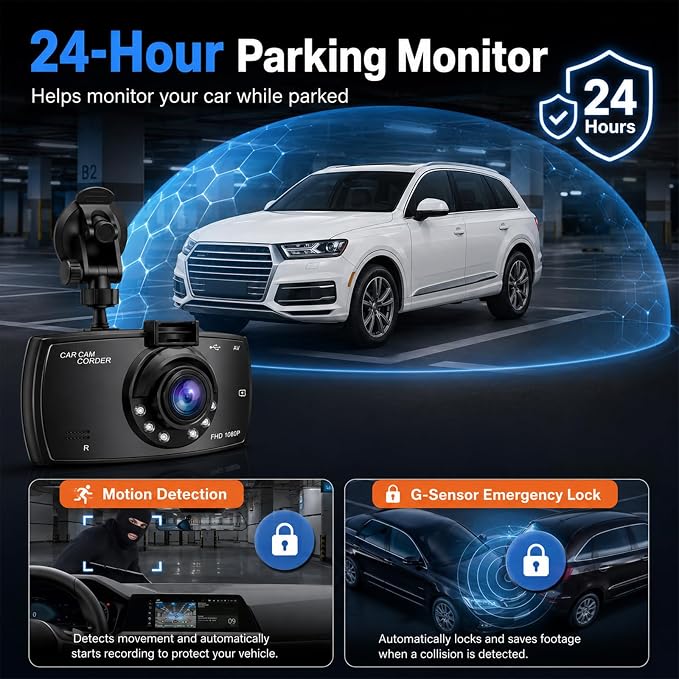 2.4-inch 1080p High-Definition Dash cam for Cars with Super Night Vision, 24-Hour Video Recording, 120° Large Wide-Angle, G-Sensor Parking Monitoring Loop Video Motion Detection