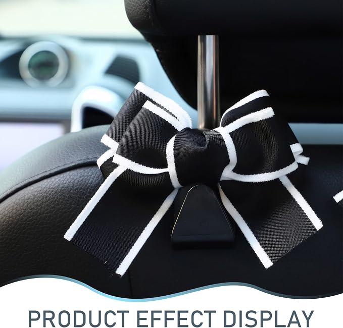 2PCS Car Seat Headrest Hooks, Car Purse Hook for Car, Cute Bow Car Rear Seat Storage Hooks, Interior Decorating Accessories for Purses, Bags, Umbrellas (Black-White)