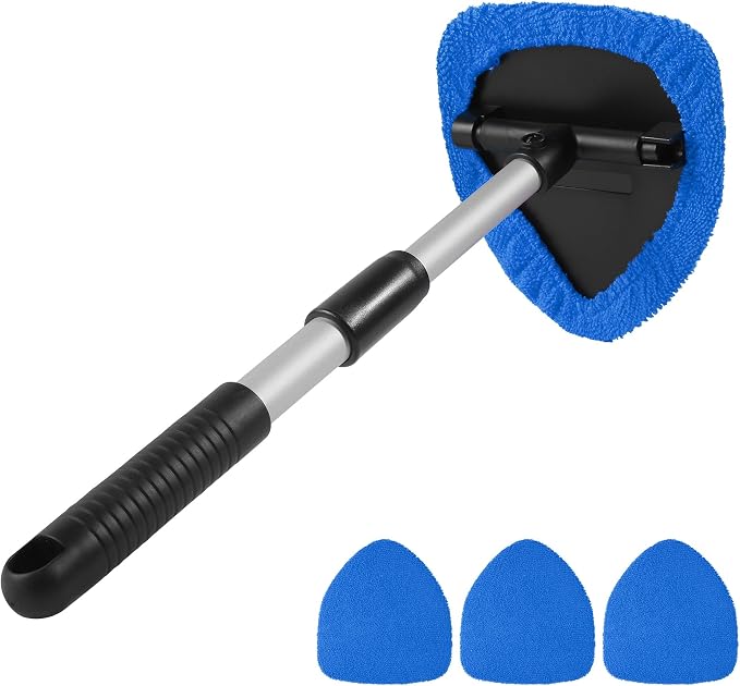 Windshield Cleaner Tool,Car Accessories,Automotive Tool Car Window Cleaner with Extendable Long Handle and 4 Washable Reusable Microfiber Pads,Suitable for Most Cars,SUVs,Trucks,Jeeps (Blue)
