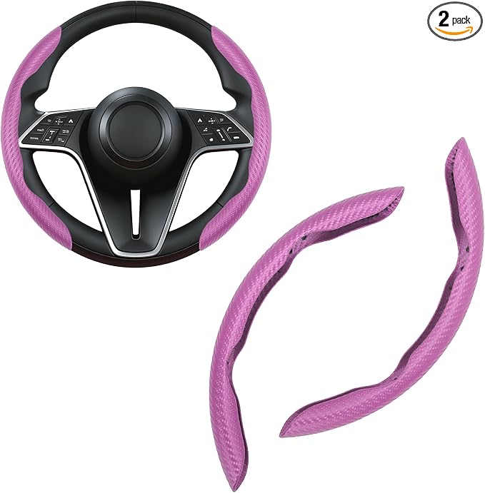 2Pc Carbon Fiber Steering Wheel Cover Universal Fit 99% Cars | Non-slip soft grip, easy to wipe clean, quick to install, perfect for daily commutes and road trips, Pink
