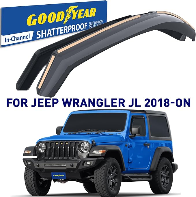 Goodyear Shatterproof in-Channel Window Deflectors for Jeep Wrangler JL 2018-2026, Rain Guards, Window Visors for Cars, Vent Deflector, Car Accessories, 2 pcs. - GY007922