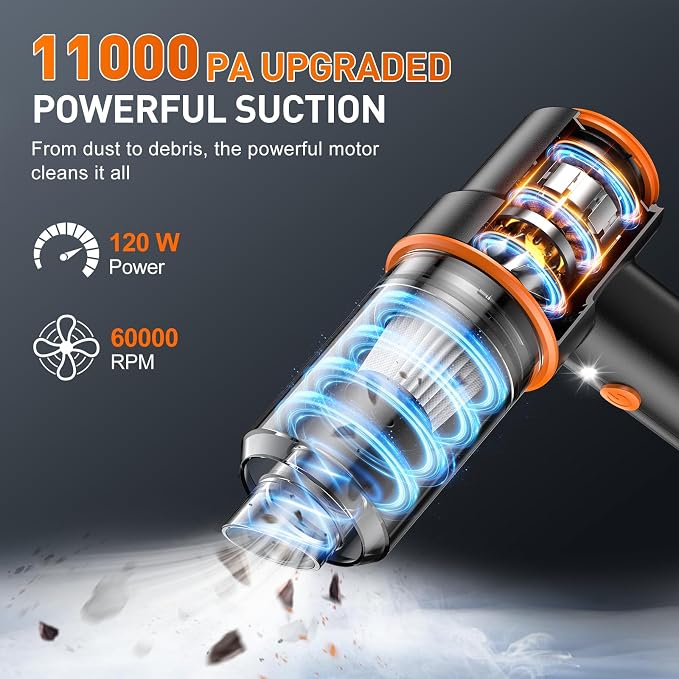 Handheld Car Vacuum Cleaner, 11000PA Vacuum Cleaner & Air Duster, 120W High Power Vacuum Portable Cordless, Hand Held Vacuum Rechargeable with Multi-Nozzles & LED Light for Home, Car, Office