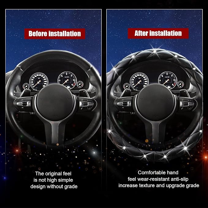 Black Steering Wheel Cover 2026, Auto Cute Girly Diamond Bling Comfort Leather Car Interior Accessories Protector Sparkly Automotive Decoration for Women Men