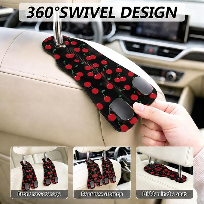 Cute Cherry Car Seat Back Storage Headrest Hooks for Purses & Bags – 2PCS PU Leather Dual Metal Hooks, Backseat Organizer Accessories