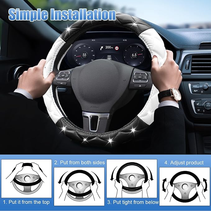Black and White Steering Wheel Cover, Auto Cute PU Diamond Bling Comfort Leather Car Interior Accessories Protector Sparkly Fit Most O-Shaped Steering Wheels
