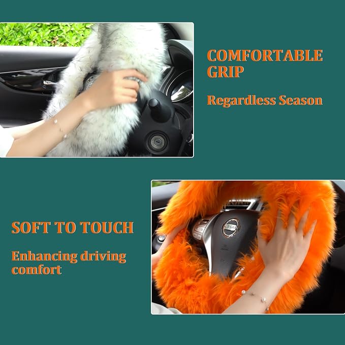Fuzzy Genuine Sheepskin Steering Wheel Cover Set for Women Parents-Fluffy Soft Australian Merino Wool Wrap with Gear Shift and Hand Brake Covers, Cozy Stylish Luxury Car Accessories (Hot Pink)