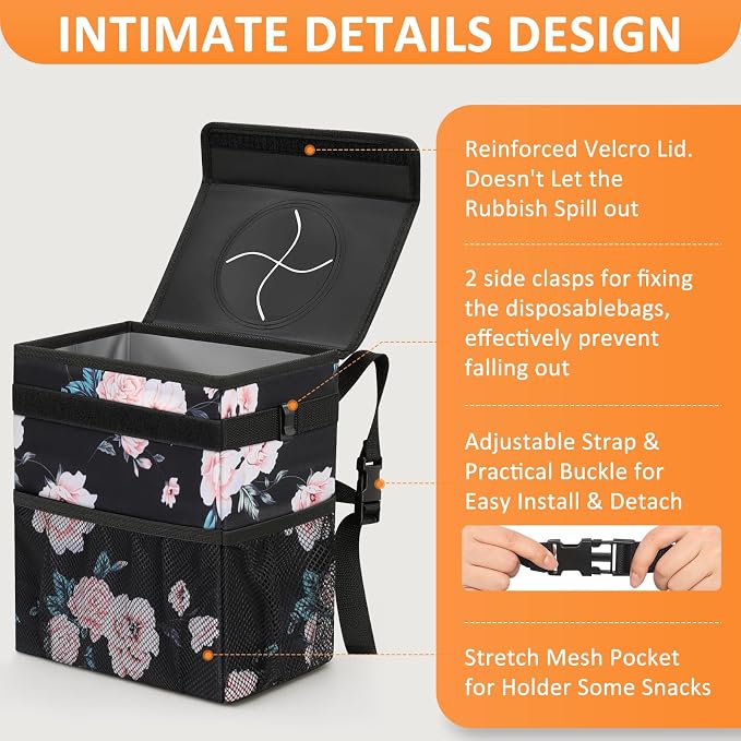 Car Trash Can for Car Cute,Bag Bin Hanging Waterproof Automotive Garbage Cans Leak Proof Vehicle Trash Can Black Floral