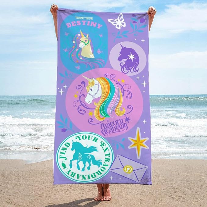 Kids Beach Towel - 100% Cotton Super Soft Absorbent Bath Towel, 28" x 58" Inch Lightweight for Travel, Official Licensed Product, Multi - Unicorn Academy