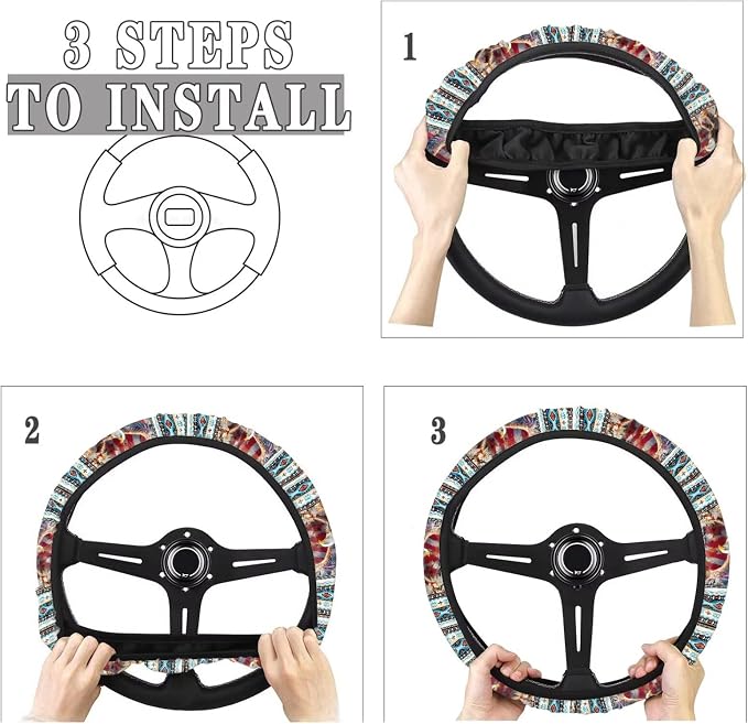 Auto Steering Wheel Cover Unviersal 15 Inch Steering Wheel Wrap Cover 4th of July Auto Interior Accessories Decor for All Seasons, Aztec Eagle US Flag