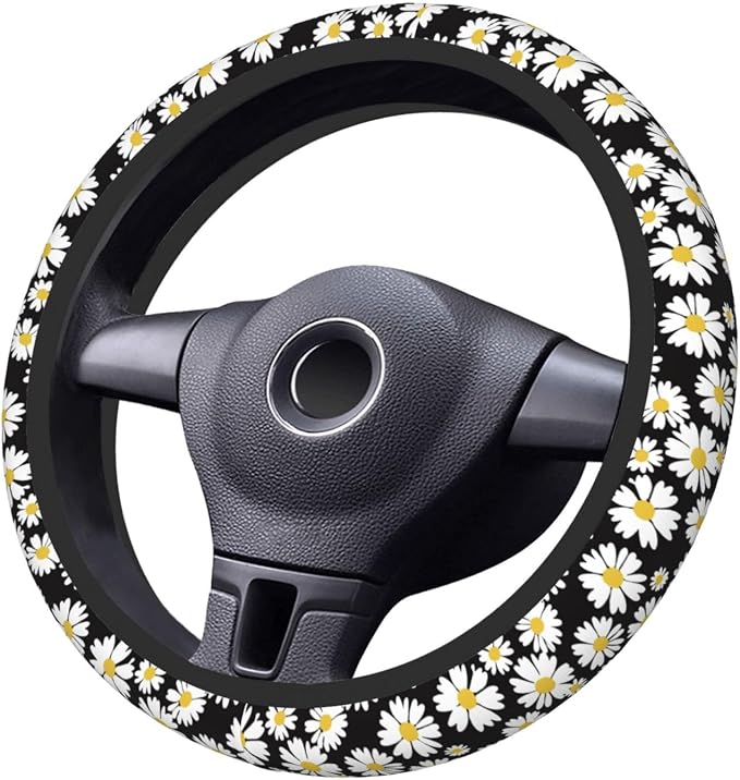 White Daisy Neoprene Steering Wheel Cover for Men Women Anti-Slip Elastic Steering Wheel Protective Cover 15in Universal Car Accessories Fit Cars, SUVs, Auto