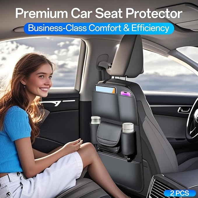 Backseat Car Organizer Leather Back of Seat Car Organizers | Seat Back Protector for Drivers with Large Capacity 6 Storage Pockets Waterproof Kick Mats, 2 Pack
