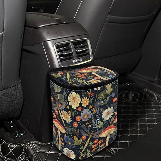 Mushroom Dragonfly Daisy Print Car Trash Can with Lid, Leak Proof Auto Trash Bag Hanging Vehicle Garbage Can Multipurpose Storage Container for Back Seat Road Trip